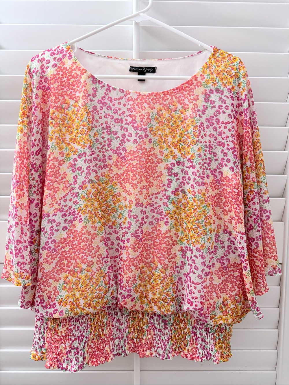Sam and Jess - Floral Smocked-Hem Blouse in Pink & Yellow